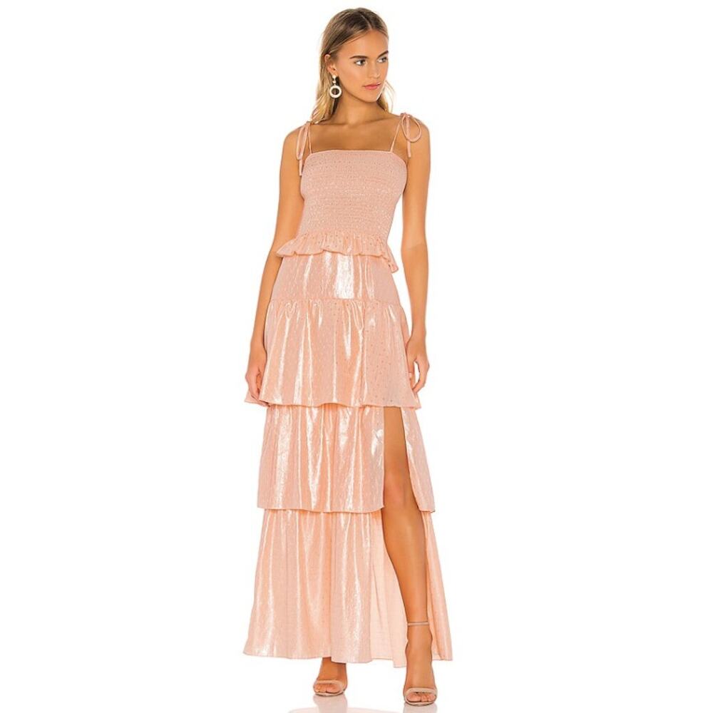 Amanda Uprichard Duchess Smocked Shirred Tiered Maxi Gown Dress Peach Medium